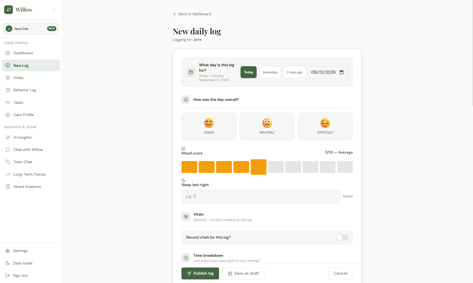 Willow daily log form