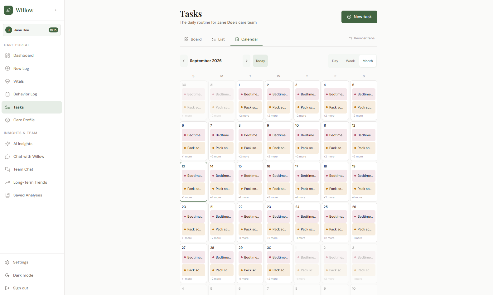 Willow tasks and calendar